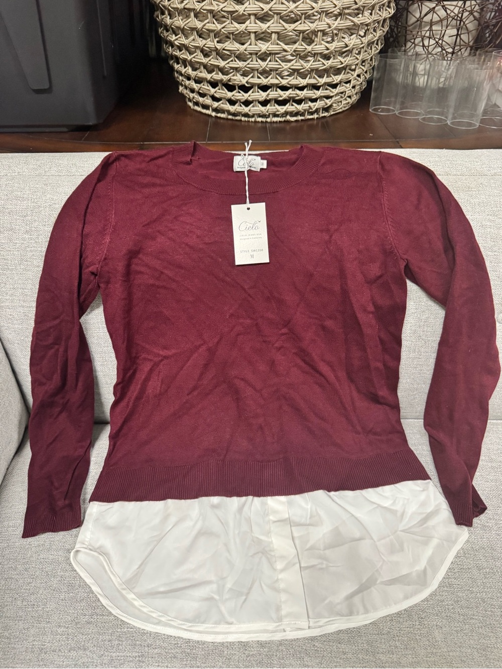 Cielo Women's Burgundy Pullover with Attached White Shirt Hem